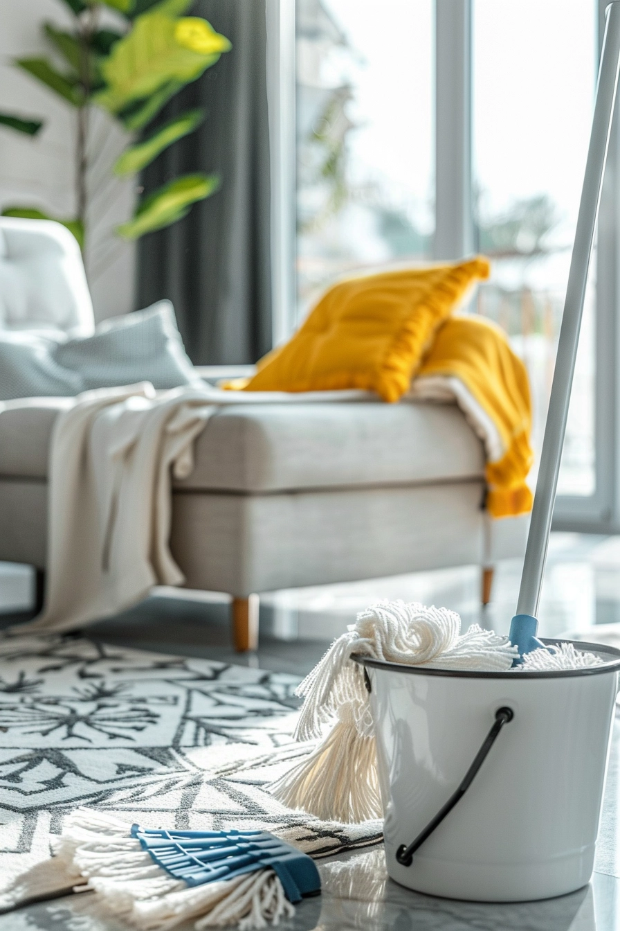 engaging pinterest pin photo of a recently cleaned living room with cleaning products in the foreground