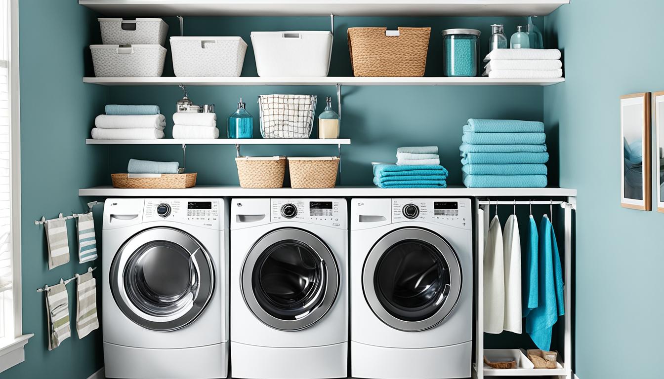 Small Laundry Room Ideas with Top Loader Shelves